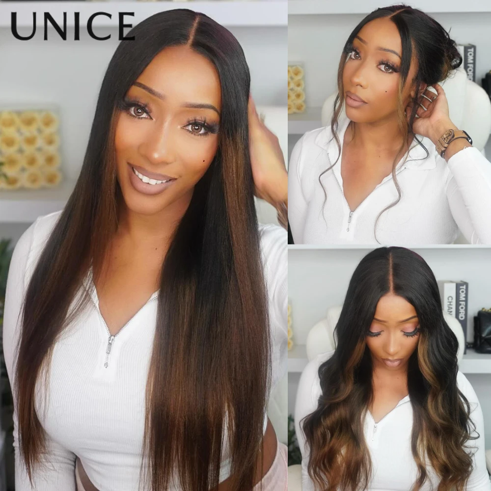 

UNice 7x5 Bye Bye Slip™ Glueless Human Hair Wig Chestnut Brown Ombre Yaki Straight Wig & Curly Human Hair Wigs 150% Density