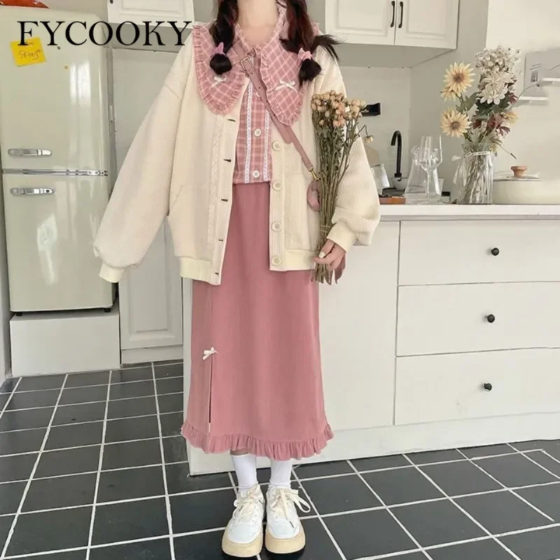 2025 New Sweet Dress Set Women Japan Style Pink Plaid Shirts + Corduroy Solid Color Skirt + Long Sleeve Cardigan Three-piece