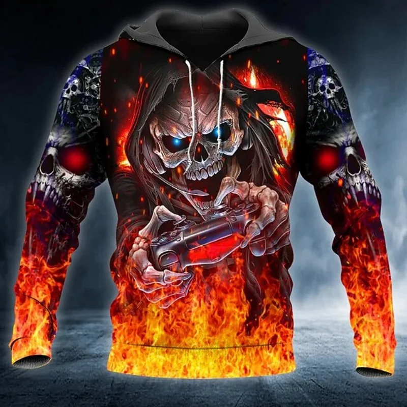 

3D Flame Skull Print Men's Hoodies Fashion Cool Hip Hop Street Casual Pullover Autumn Winter Daily Loose Long Sleeve Man Clothes