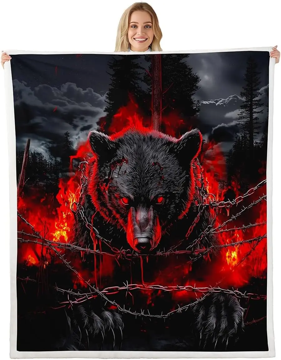 Bear blanket fiery forest design dark art pattern soft throw gothic decor bedroom textile horror accessory