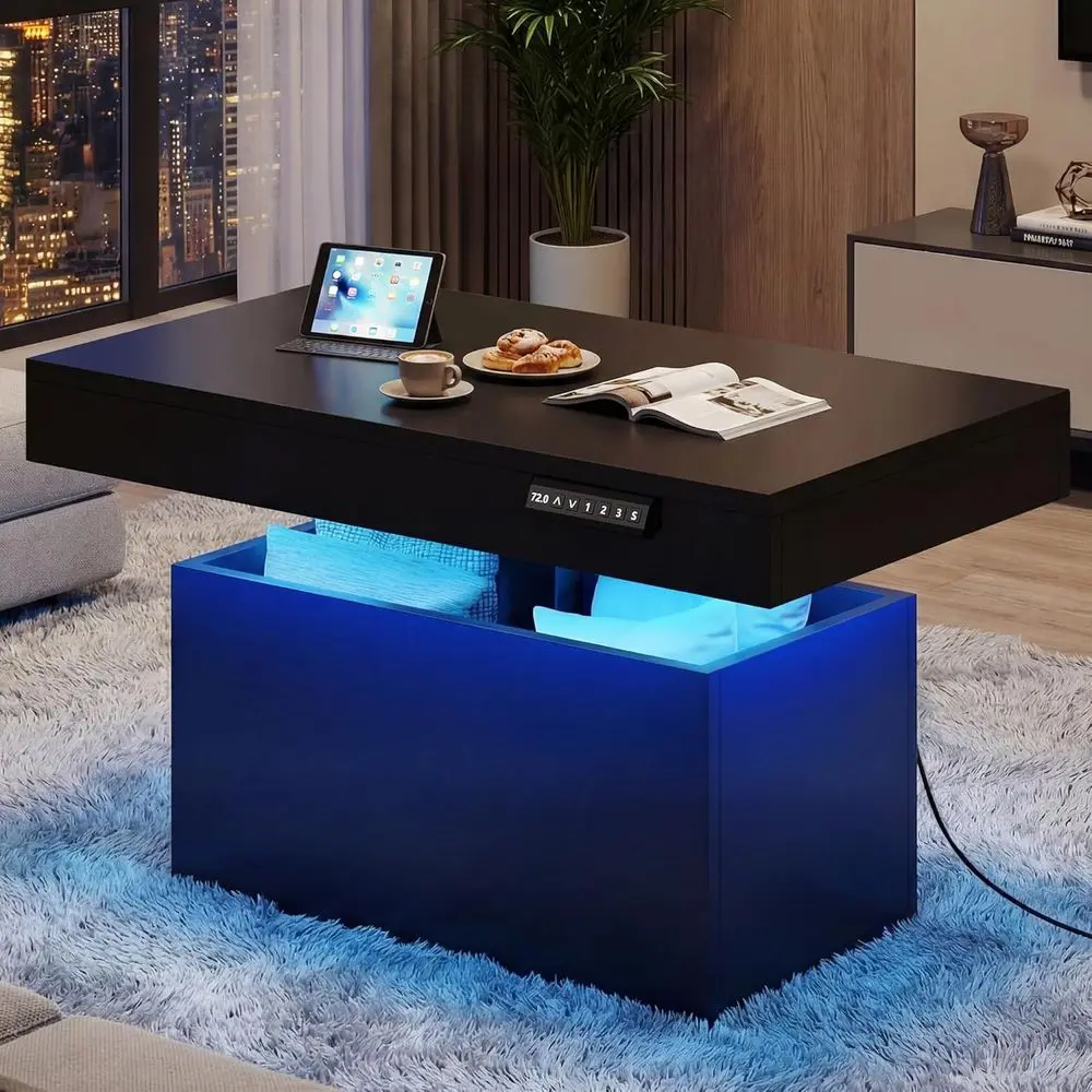 

Adjustable Height LED-lit Storage Coffee Table, Modern Living Room Furniture with Lift Top, Black