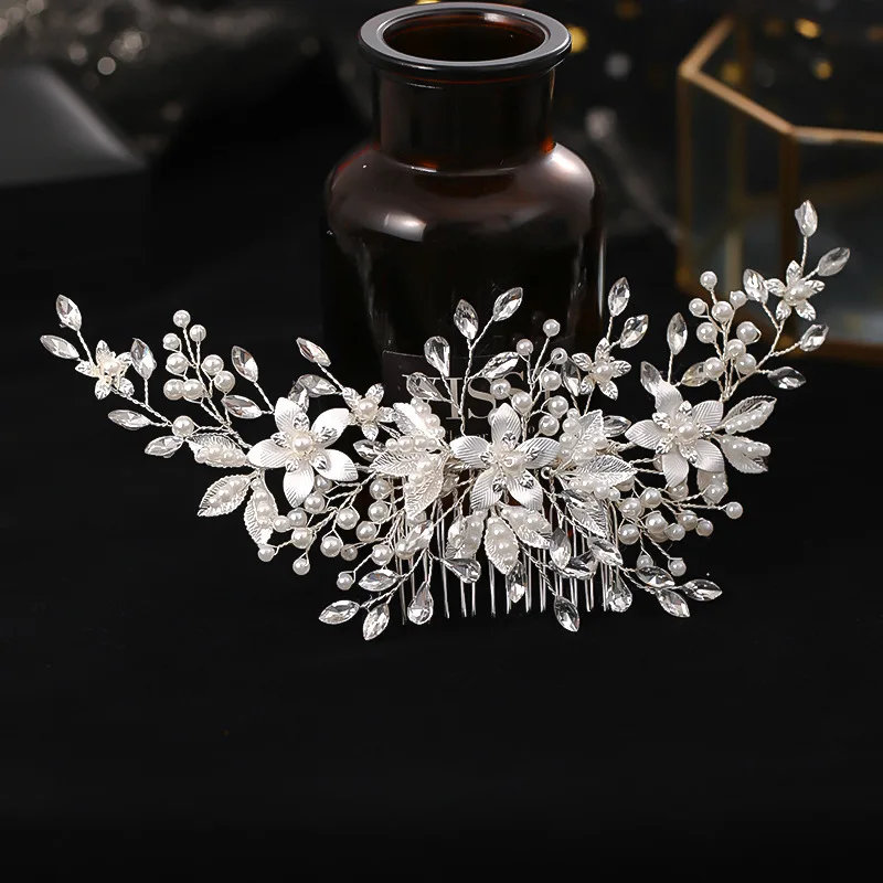 Bride Silver Flower Comb Handmade Pearl Hairpin Bride