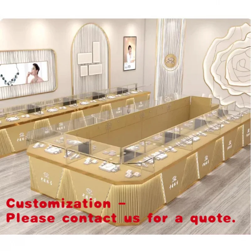 

custom.Gold White Customizable Rectangular Jewelry Display Cabinet Baking Varnish LED Lighting Tempered Glass Retail Stor