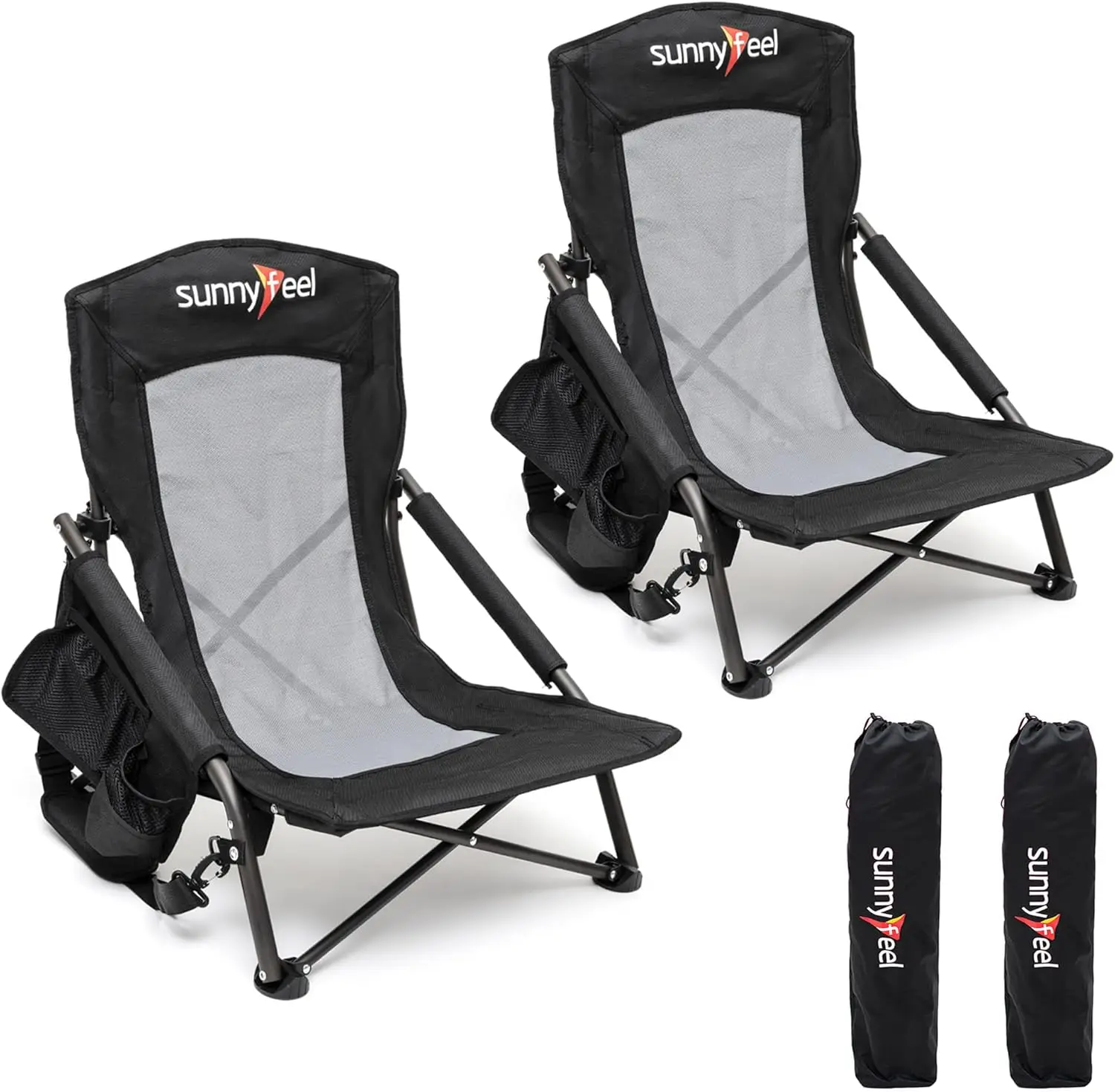 

Folding Low Camping Beach Chair 2 Pack, Lightweight Portable Lawn Chair With Mesh Back, Cup Holder For