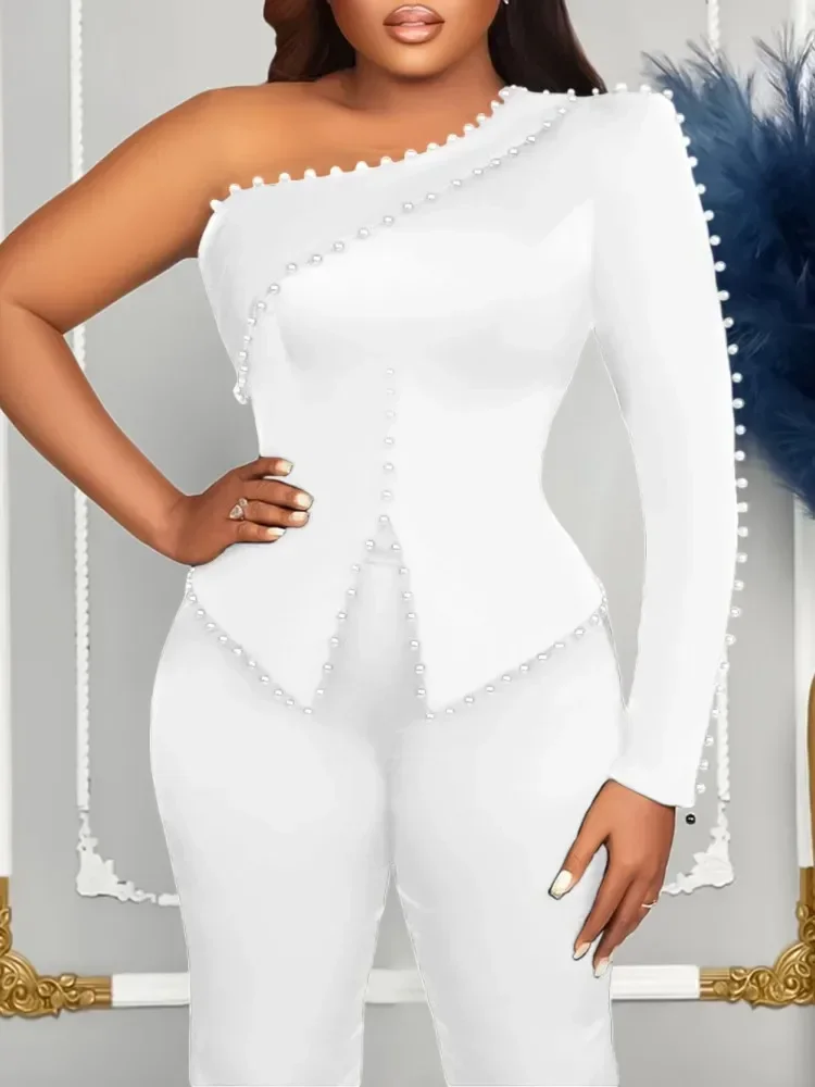 2 قطعة مجموعة الملابس الأفريقية للنساء كتف واحد بلايز واسعة الساق بانت الدعاوى ربيع جديد الصلبة فضفاض ملابس أفريقيا غير رسمية مجموعات