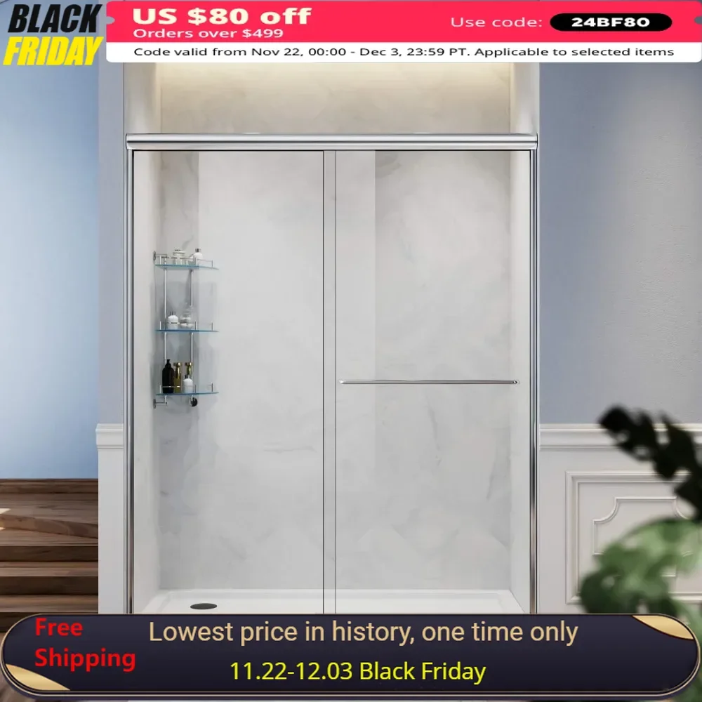 

Semi-Frameless Shower Door, 54“ X 72”, Dual Sliding Bypass Bathroom Shower, 1/4” Clear Glass, Chrome Finish,Bathroom Shower Door