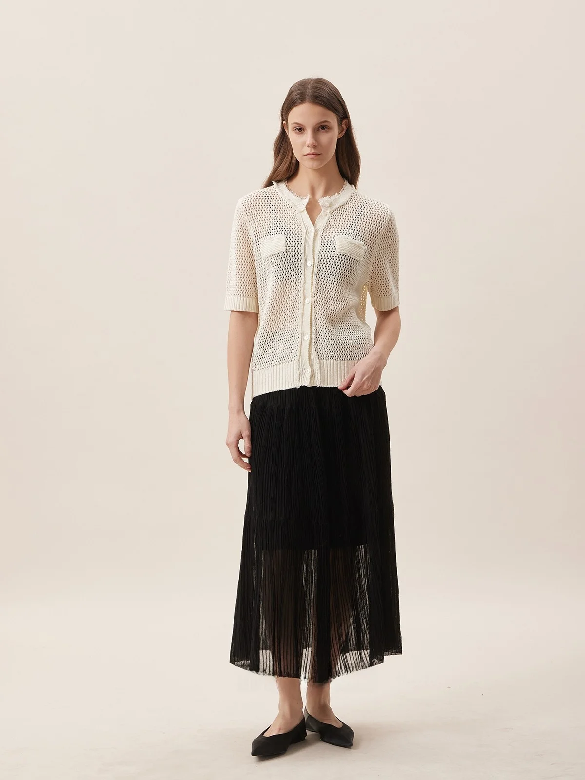 

TheEase Comfortable Linen Han-Ma Short-Sleeve Knitted Open-Cardigan Casual Versatile Design round Neck Hollow out Top
