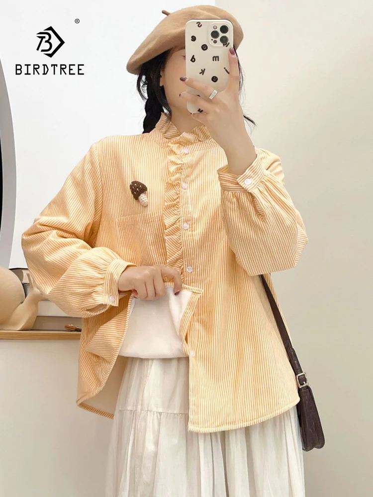 

Новинка 2025, осенняя хлопковая флисовая рубашка с длинными рукавами, женская полосатая рубашка с рюшами, свободная блузка Mori Girl French Age Reduction T5O052CC