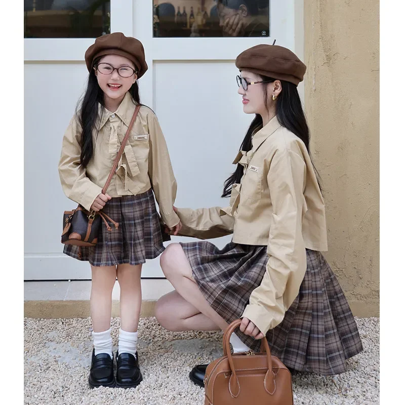 Mom and Daughter Matching Clothes Sets Mother Girls Equal Outfits Mummy and Me Long Sleeve Blouse + Plaid Skirts Two Piece Suit