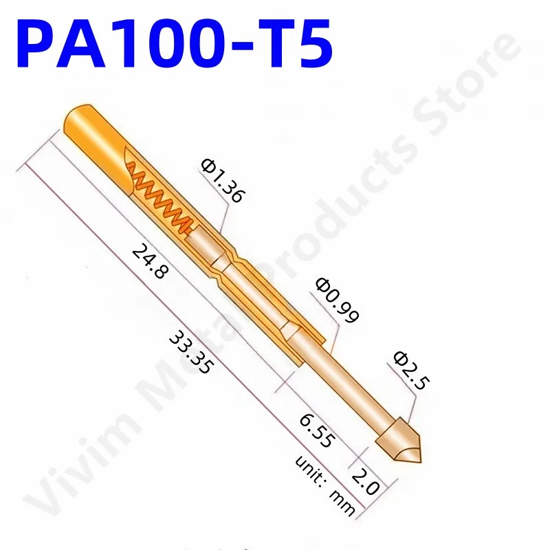 100PCS PA100-T5 Spring Test Probe PA100-T Test Pin P100-T P100-T5 Test Tool 33.35mm 1.36mm Needle Gold Tip Dia 2.50mm Pogo Pin