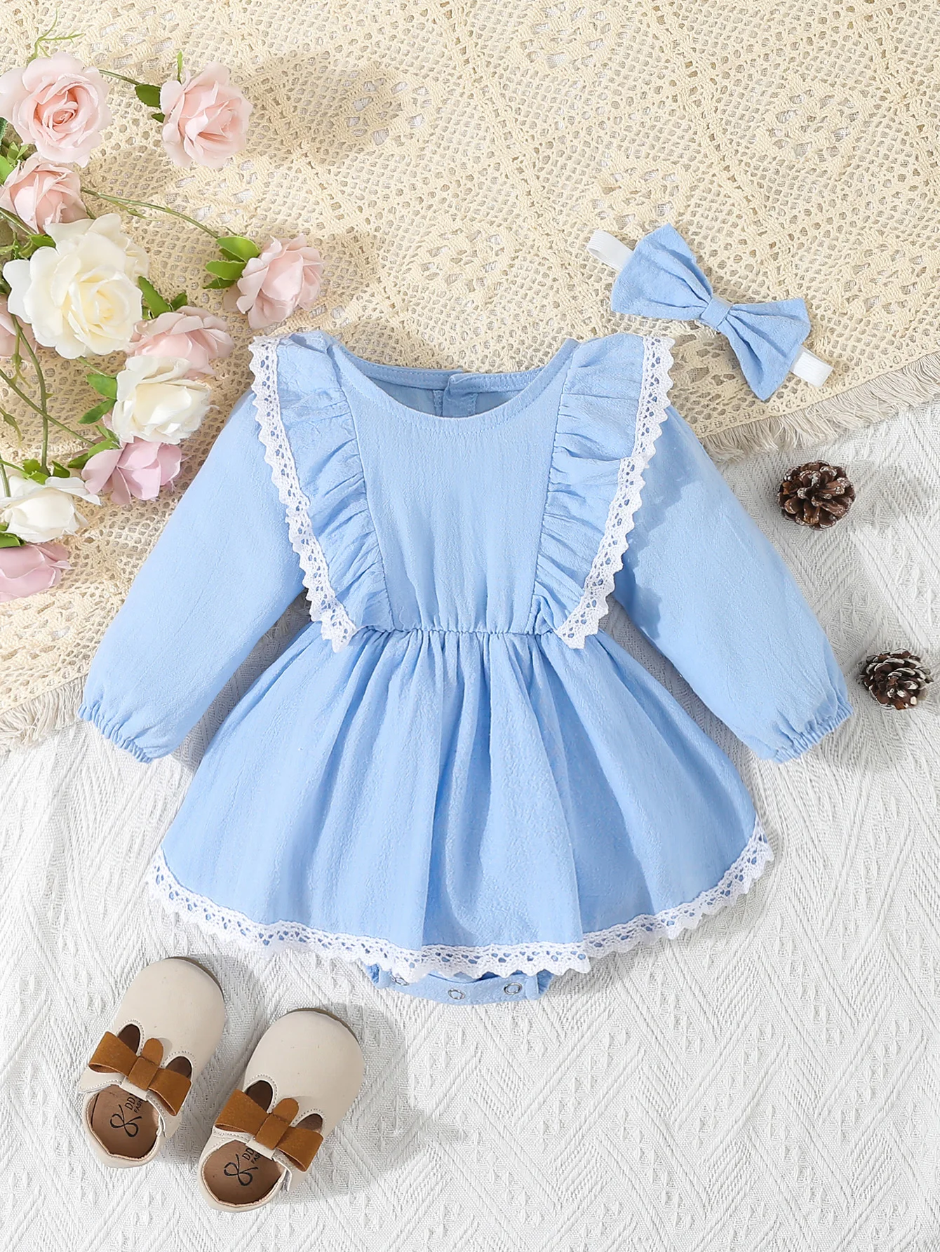 Baby Girl‘s Clothes 2Pcs Cute Lace Ruffled Long Sleeve Cotton Dress Headwear Toddler Girl\'s Clothing Outfit Set