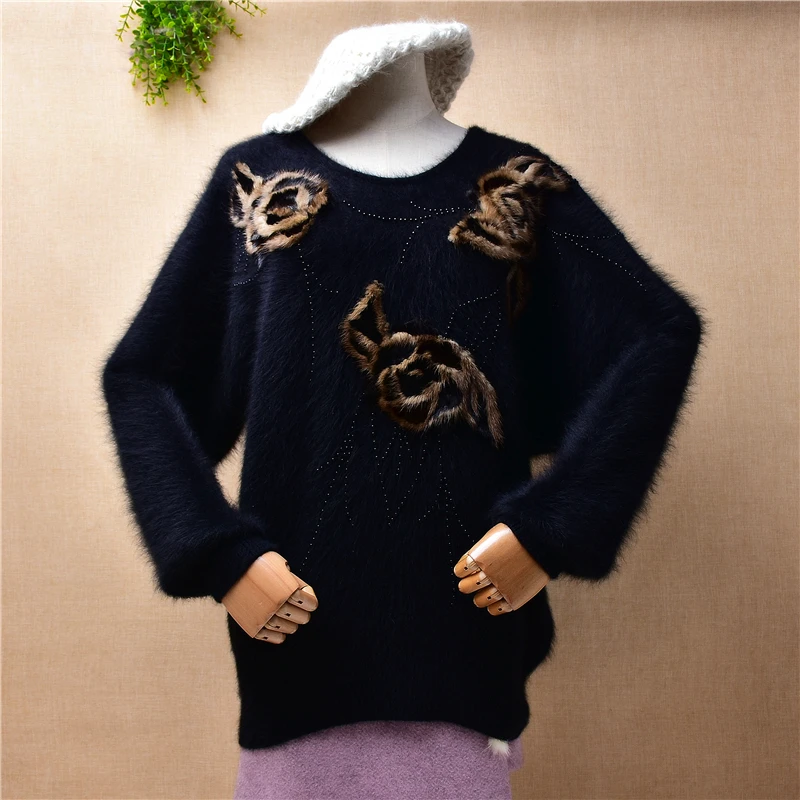 

female women vintage autumn winter clothing hairy embroidery angora rabbit fur knitted long batwing sleeves o-neck loose sweater