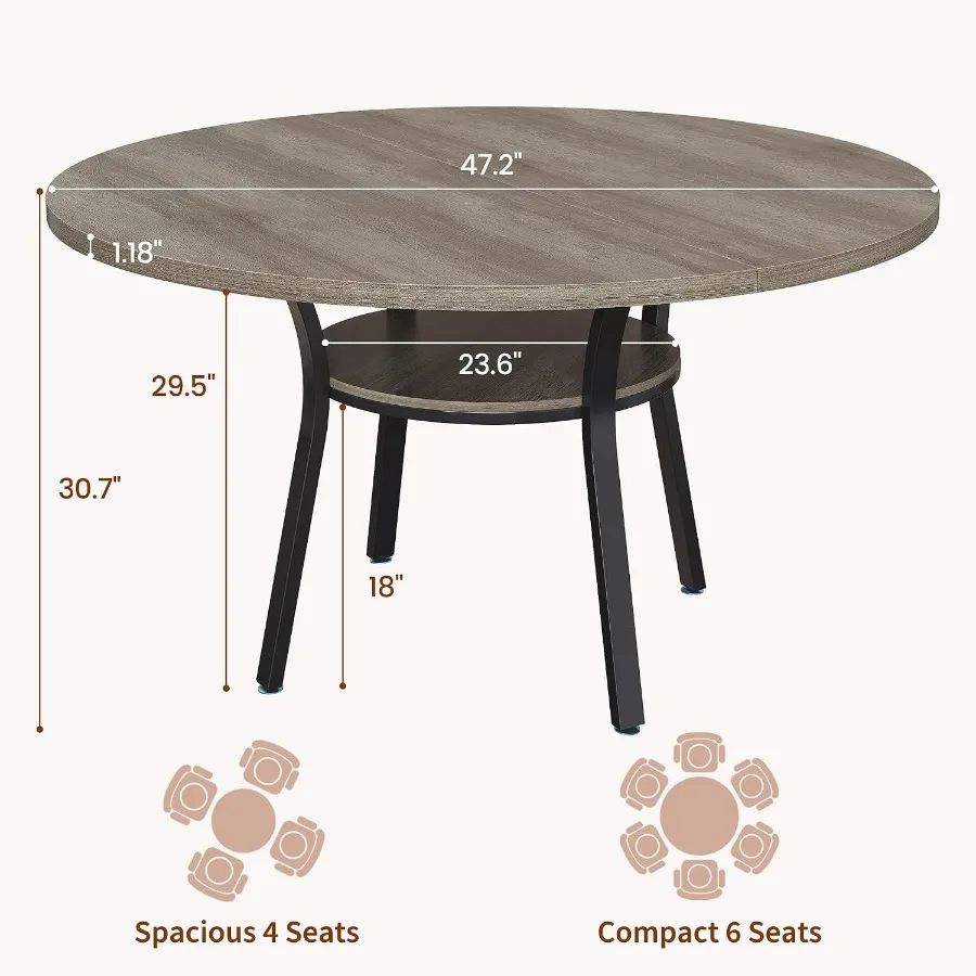 Round Dining Table with Storage Shelf for 4, Circle Kitchen Table, Gray