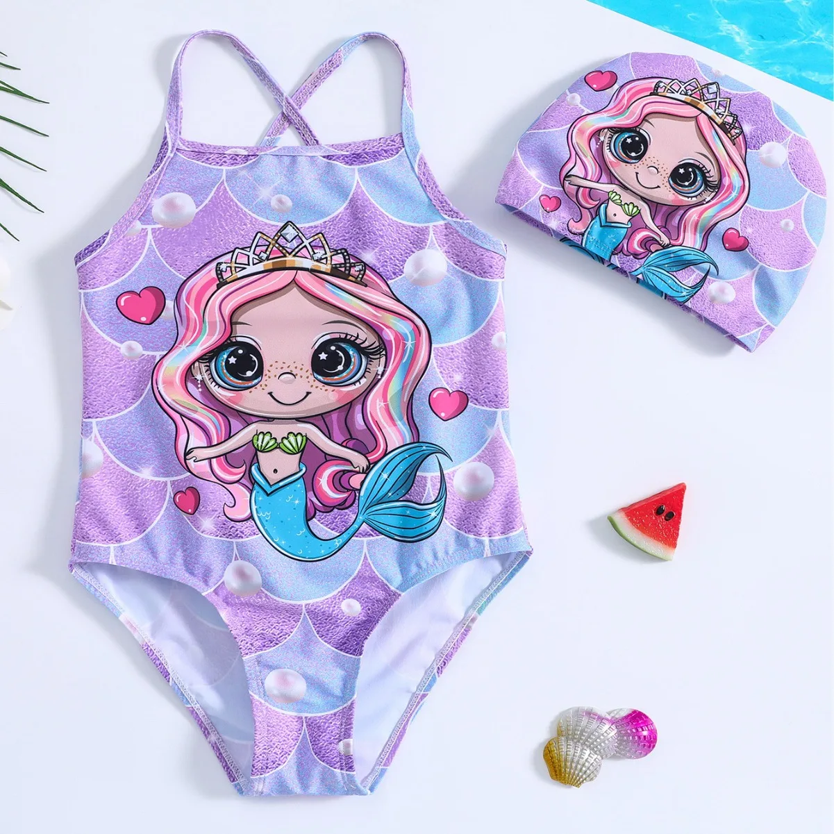 Baby one piece swimsuit with mermaid cartoon print,cross strap with swim cap,suitable for seaside and pool play