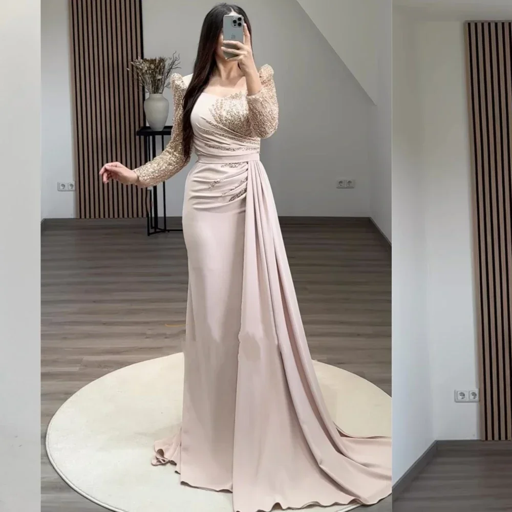 Robe de Soirée Sexy et Décontractée Personnalisée en Forme de Sirène, Tenue Longue à Plis en Jersey et Paillettes, Col Carré, sur Mesure, pour Occasions Classiques E