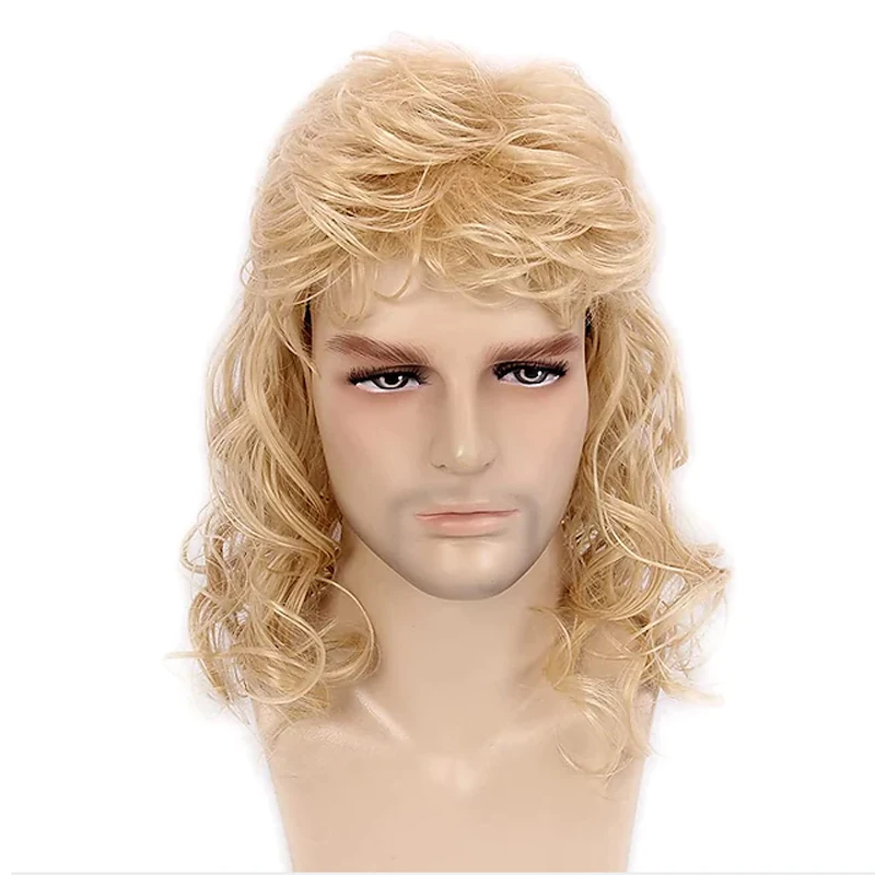 HAIRJOY Synthetic Hair Disco Mullet Wigs for Men Hippie Long Curly Wig for Party Costume Halloween