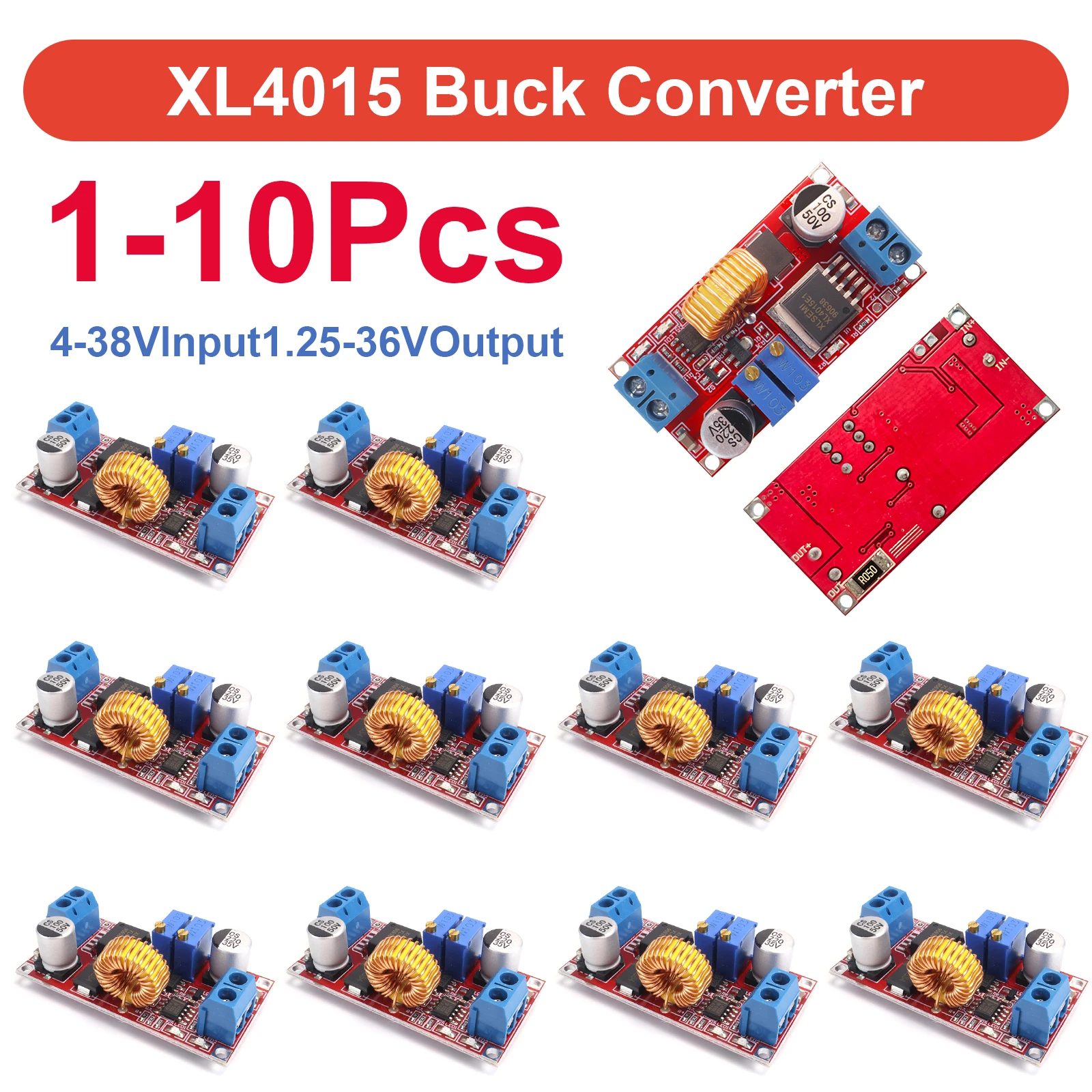 1-10Pcs  5A DC-DC Adjustable Buck Converter XL4015 4 - 38V to 1.25 - 36V Step Down Power Supply Voltage Regulator Power Module