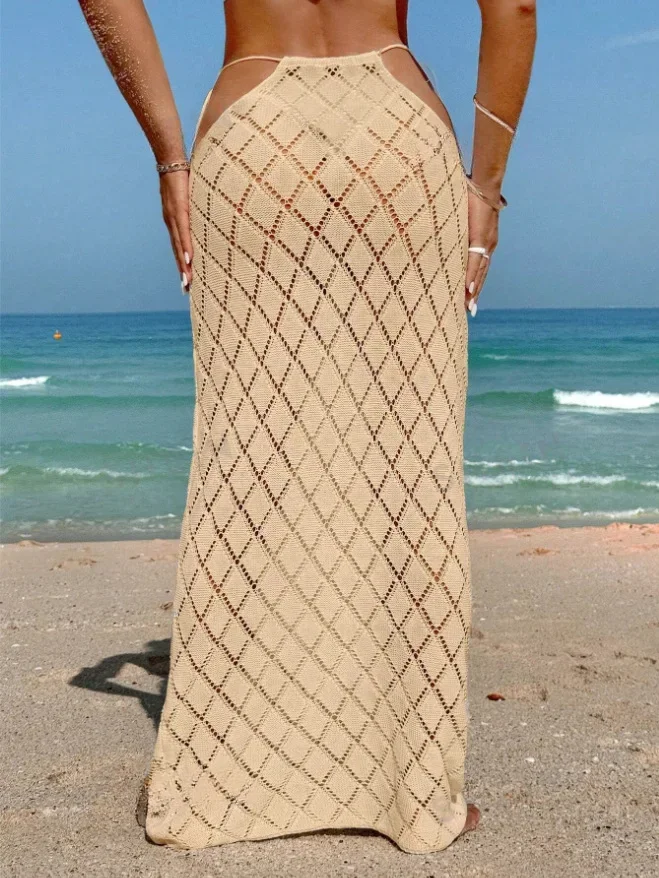 Copricostume per bikini all'uncinetto per donna Gonna sexy in maglia Tunica da spiaggia Abito copricostume solido 2025 Abbigliamento da spiaggia estivo Abbigliamento da donna