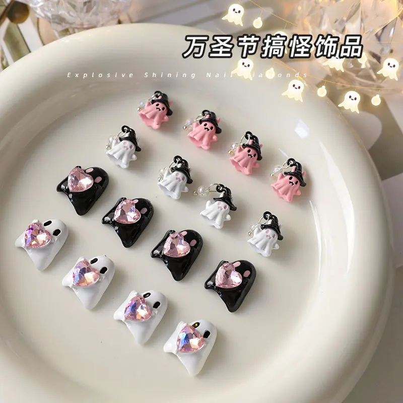 5PCS Halloween Funny Nail Art Accessories Pink Cute Little Ghost Head Pendant Nail Charms Jewelry DIY Luxury Diamond Nails Decor