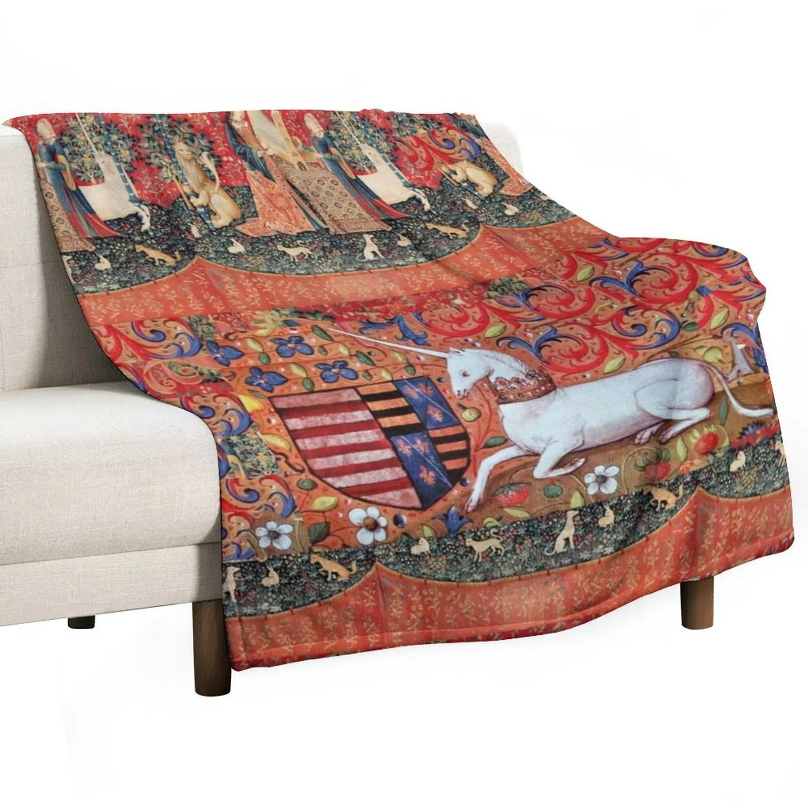 UNICORN ,FANTASY FLOWERS ,ANIMALS MEDIEVAL HERALDIC MOTIFS Throw Blanket for sofa Plush Thermals For Travel Blankets