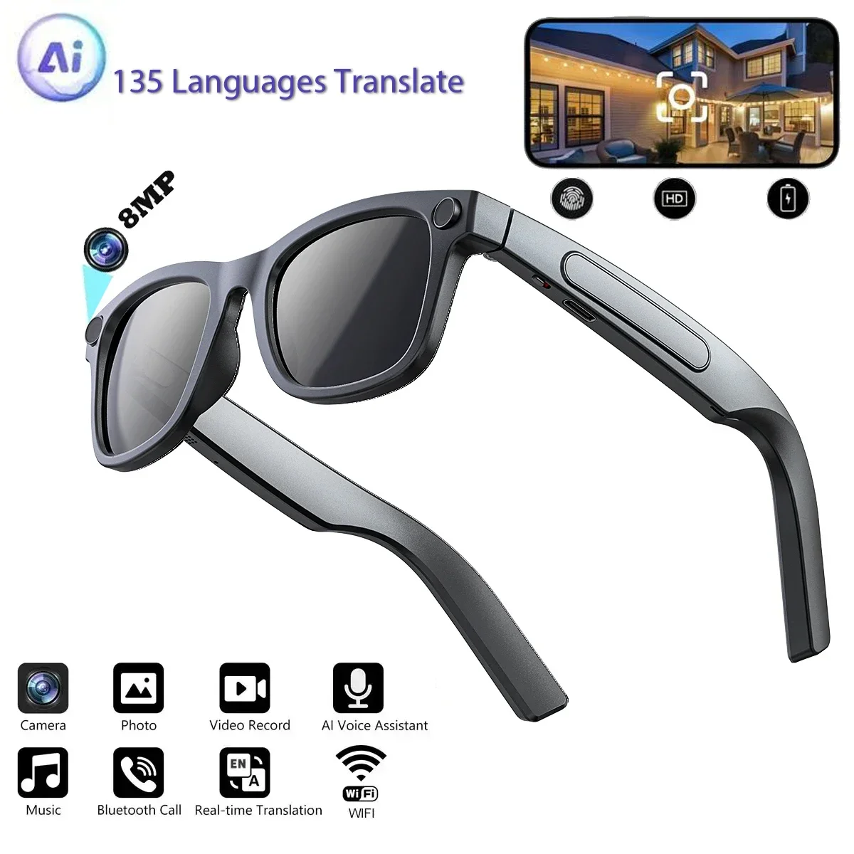 

Hanxing 2K Smart AI Bluetooth Glasses HD 800W pixel Shooting Waterproof Camera Photo Video Voice Call Translation Smart Glasses