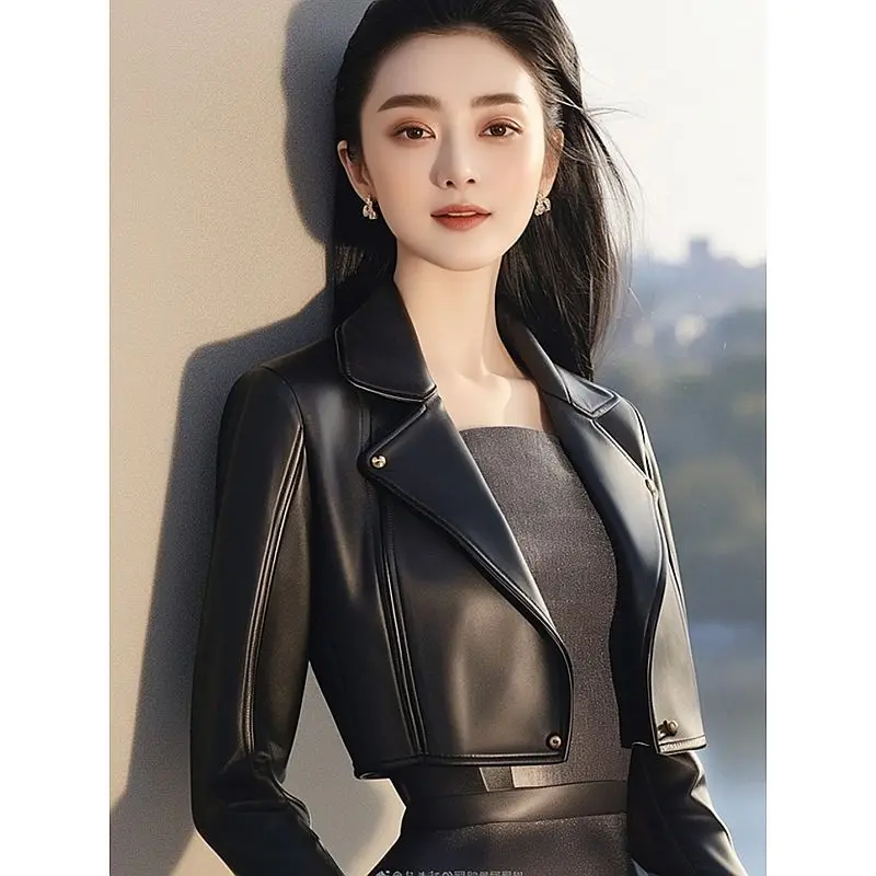 

Women Short Black Leather 2025 Spring Autumn New Girl Turn-down Collar High End Small Pu Leather Coat Top Trendy