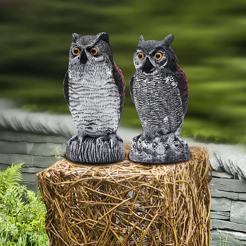 Paquete de 2 señuelos de espantapájaros de búho falso, disuasorentes de plástico, decoración de Halloween, repelente de plagas enemigo natural para