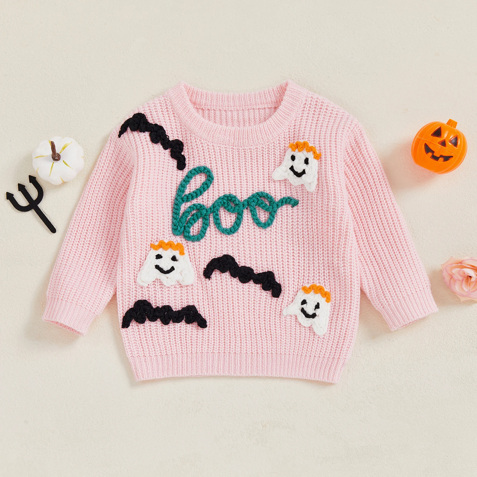 

2025-05-29 Lioraitiin Toddler Baby Girl Halloween Sweater Long Sleeve Round Neck Letter Ghost Embroidery Knit Pullover Tops