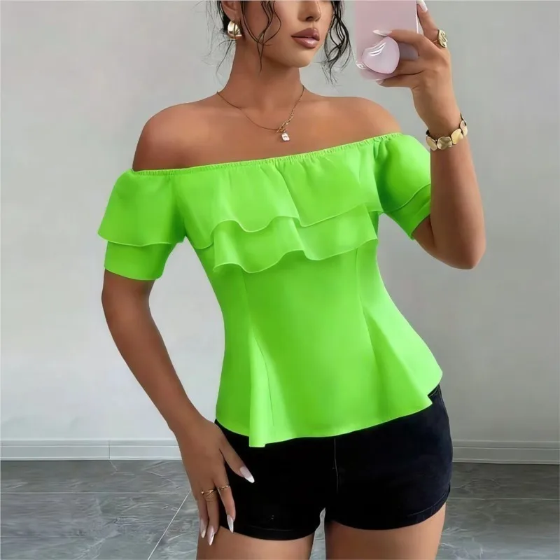 Sexy Off Shoulder Slash Neck Ruffle Women's Blouse Top Summer White Sleeveless Slim Blouses Elegant Office Lady Shirts Tops view 3