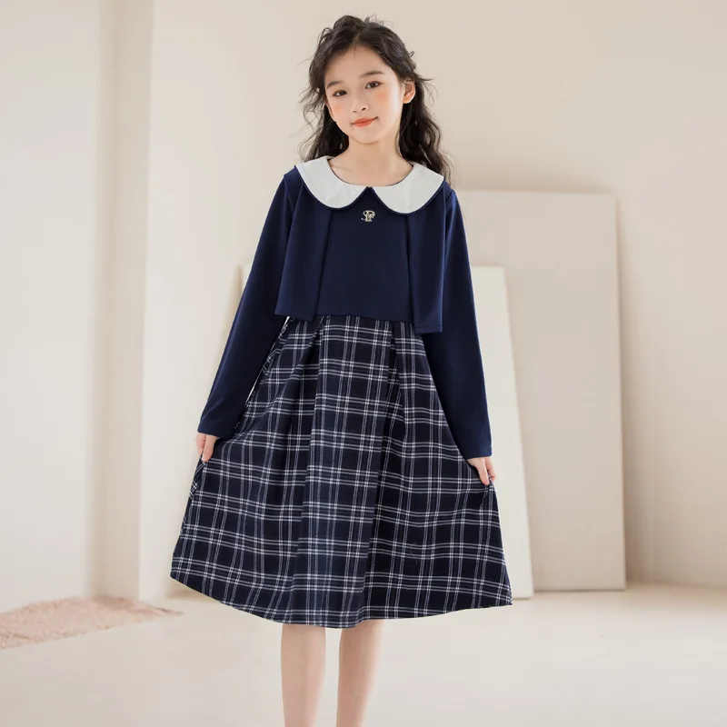 Korean Spring Autumn Junior Girl One-piece Dress School Girl Doll Collar Checkered Long Sleeve Dress Teenager Girl Fluffy Dress