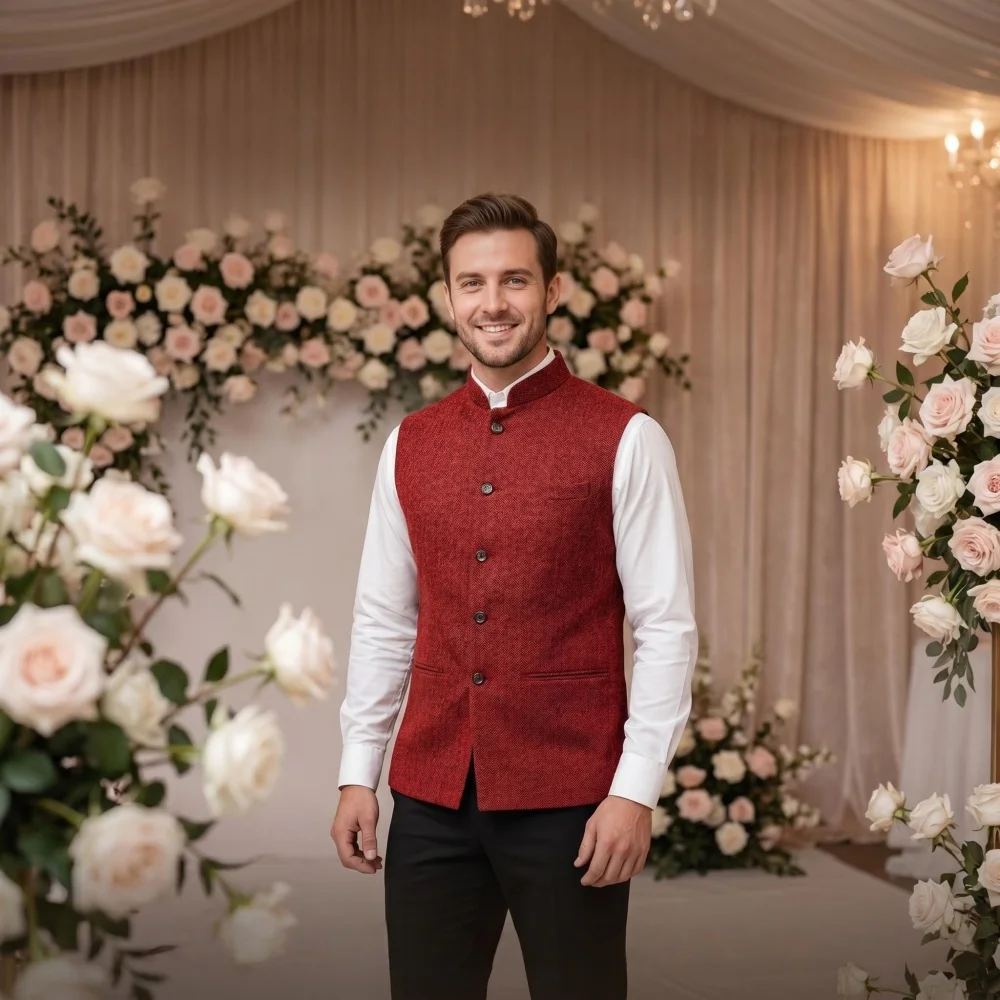 Stand Collar Men's Vest Single Breasted Slim Fit Bussiness Men's Waistcoat For Wedding Groosemen