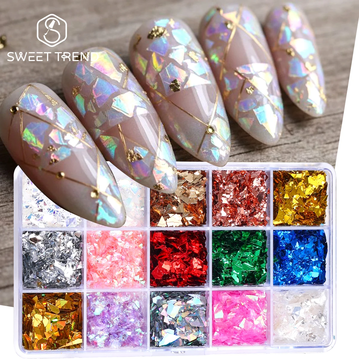 15 Grids Iridescent Broken Glass Nail Glitter Flakes Irregular Aurora Fragments Sequins DIY Elegant Sparkly Manicure Accessories