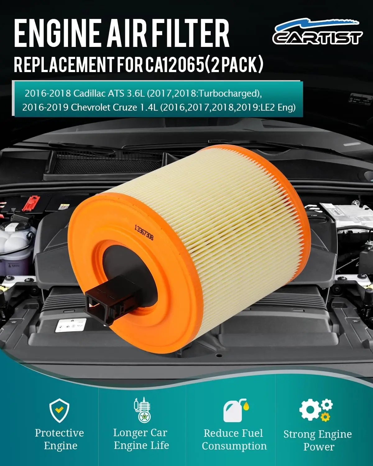 Cartist 13367308 Replacement Engine Air Filter Compatible with Chevrolet Cruze 1.4L L4 2019-16, Cruze NG 2016, Cadillac ATS 2018