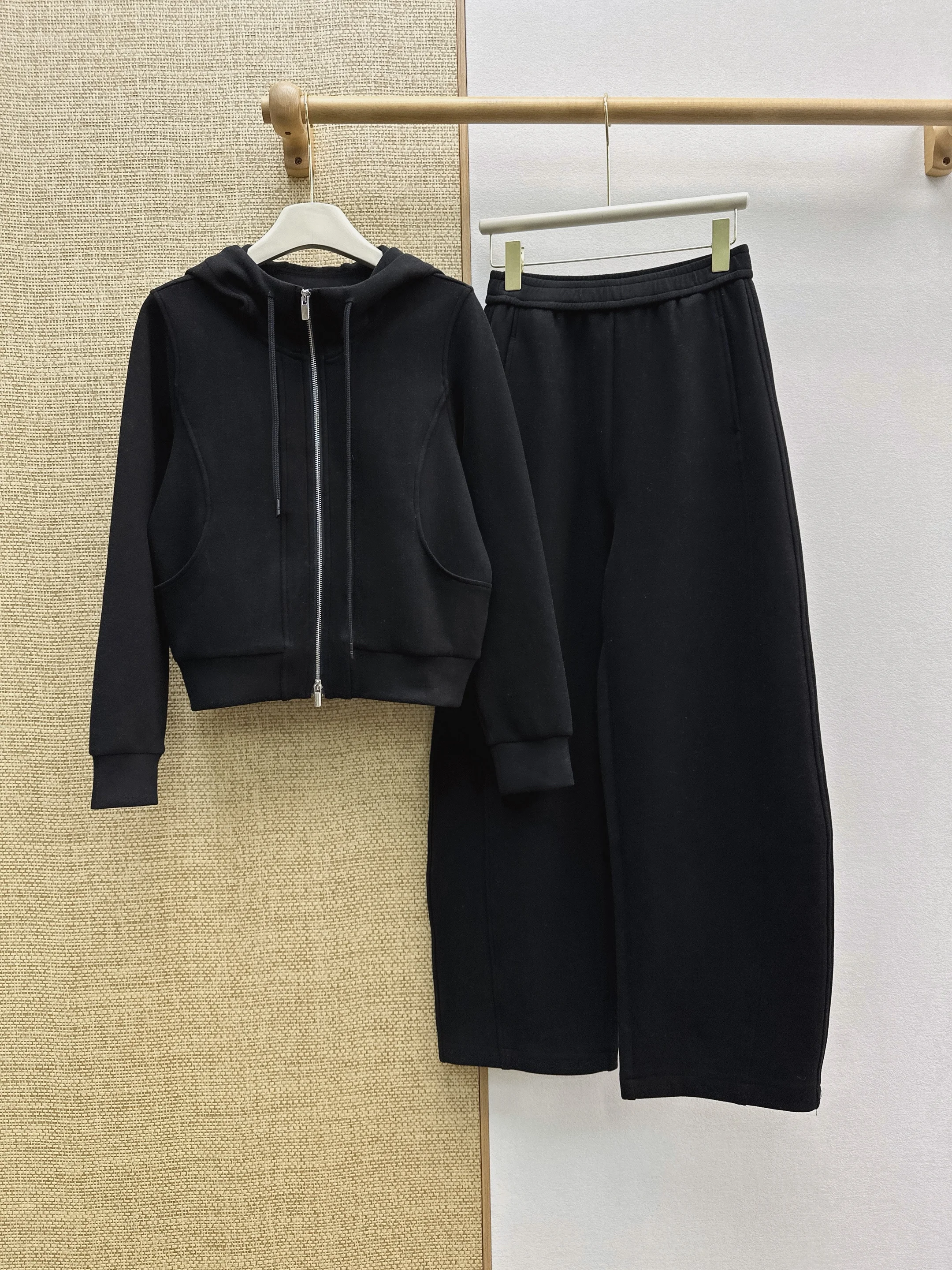 New Autumn Winter Hooded Zip Sweatshirt & Elastic Waist Straight Pants Set, Elegant Lazy Style