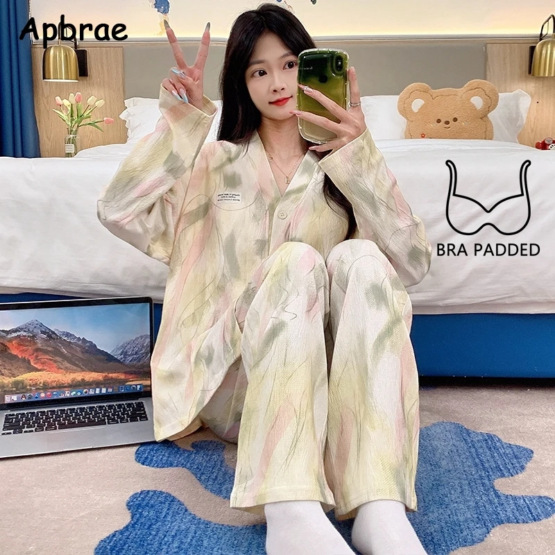 New Autumn Sweet Girl Pajamas with Bra Pads Long Sleeves Full Pants Cardigan Pajama Fashion Lapel Pijamas Soft Woman Nightwear