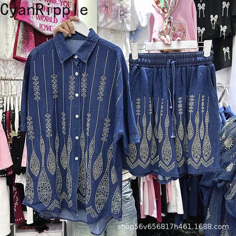 

Fashion Spring Summer Women Denim Sets Geometric Pattern Diamonds Loose Cardigans Top + Elastic Waist Wide Leg Knee-length Pants