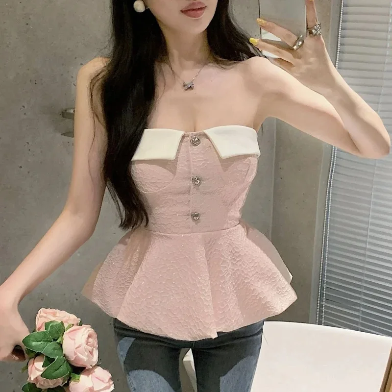 Sexy Crop Tube Tops Y2K Backless Puffy Tweed Vest Sweet Solid-Color Buttoned Tops New Collection Summer Fashion Women's Clothing