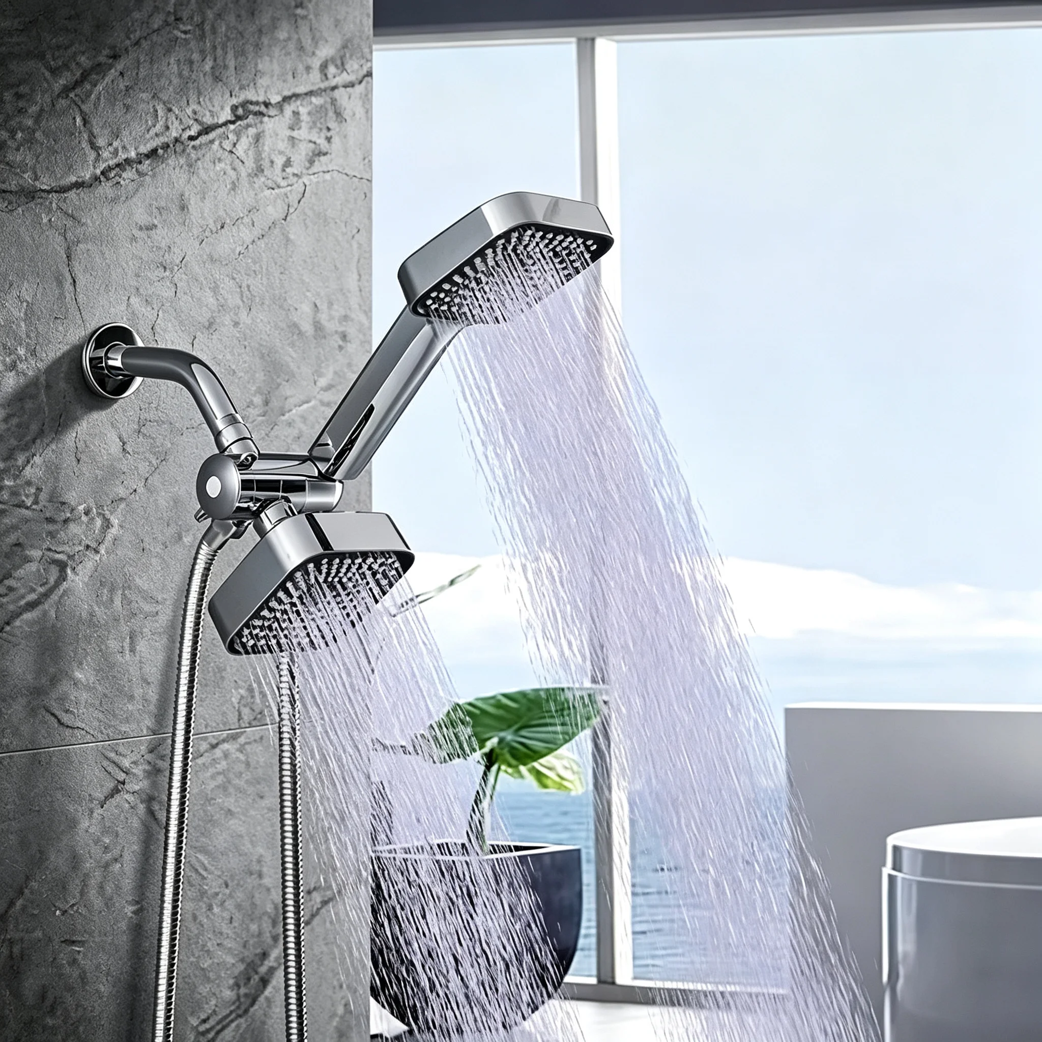 High Pressure Dual Square Shower Head System Wall Mount with Flexible Metal Hose Adjustable Angle Bracket Silicone Nozzles