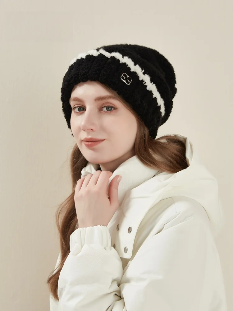 elle-ファーリーニット帽-秋冬-厚手-暖かい-大きめサイズ-可愛い-旅行用-レディース-サークルフリース-ふわふわ帽子-甘い可愛いスタイル