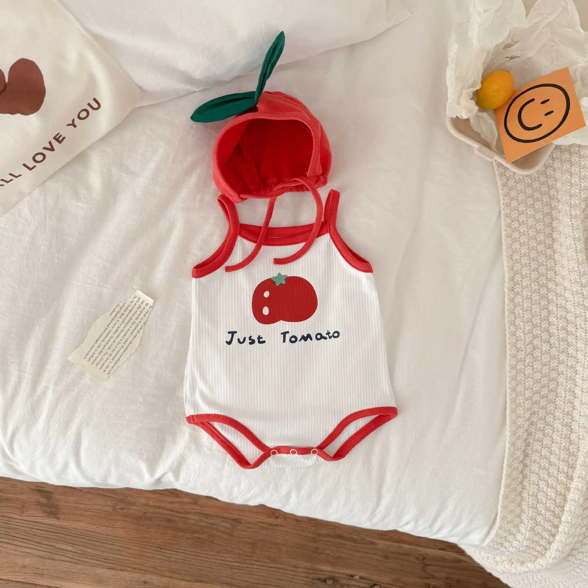 Baby Kleidung Sommer Baby Junge Mädchen Bodysuit Nette Tomaten Druck Ärmellose Infant Sling Onesie + Hut 2Pcs Neugeborenen Fotografie outfit