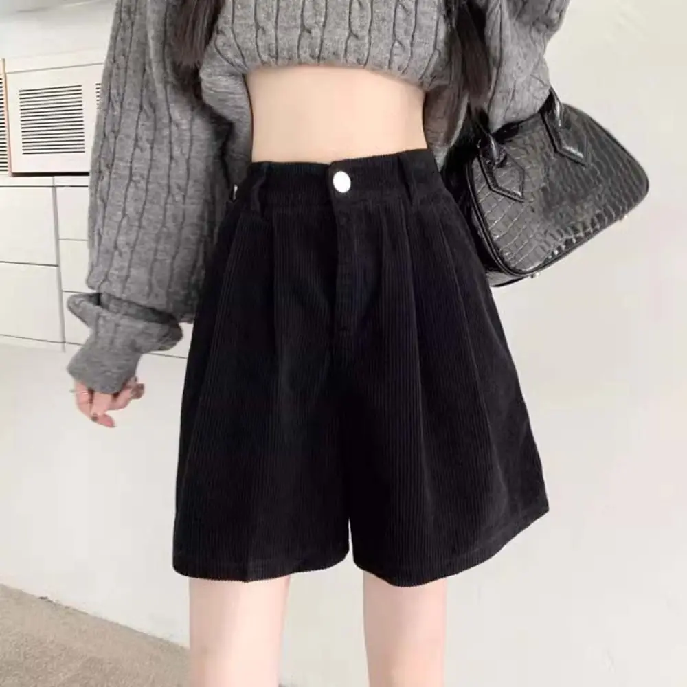 

Simple High Waist Women Corduroy Shorts Elastic Two Pockets Wide Leg Short Pants Large Size Stripe Loose Streetwear Ladies
