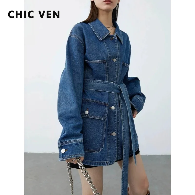CHIC VEN New Korean Women Denim Jacket Blue Loose Casual Waist Belt Mid Length Denim Coat Ladies Top Spring Autumn 2026