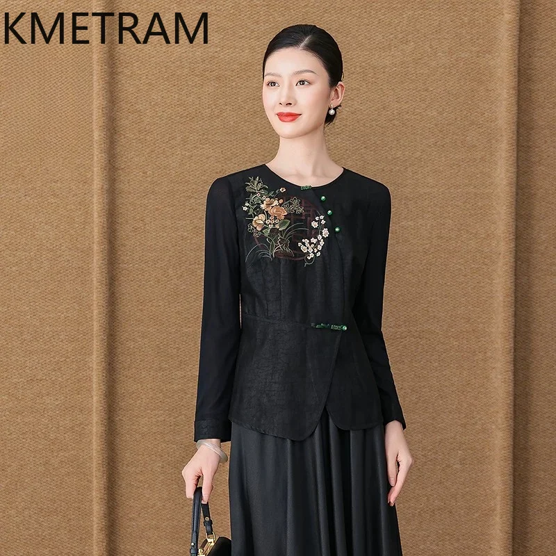KMETRAM 100% Mulberry Silk Xiangyunsha Women Tops 2026 Spring Retro Elegant Embroidered Netting Long-sleeved Tops Blusa Feminina