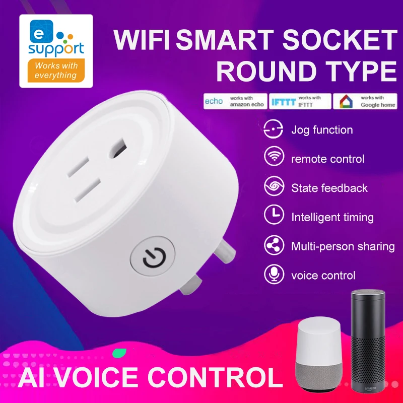 Tuya WiFi Tomada Inteligente Plug Outlet, Smart Life App, Controle Remoto, Funciona com Alexa Home, Padrão dos EUA