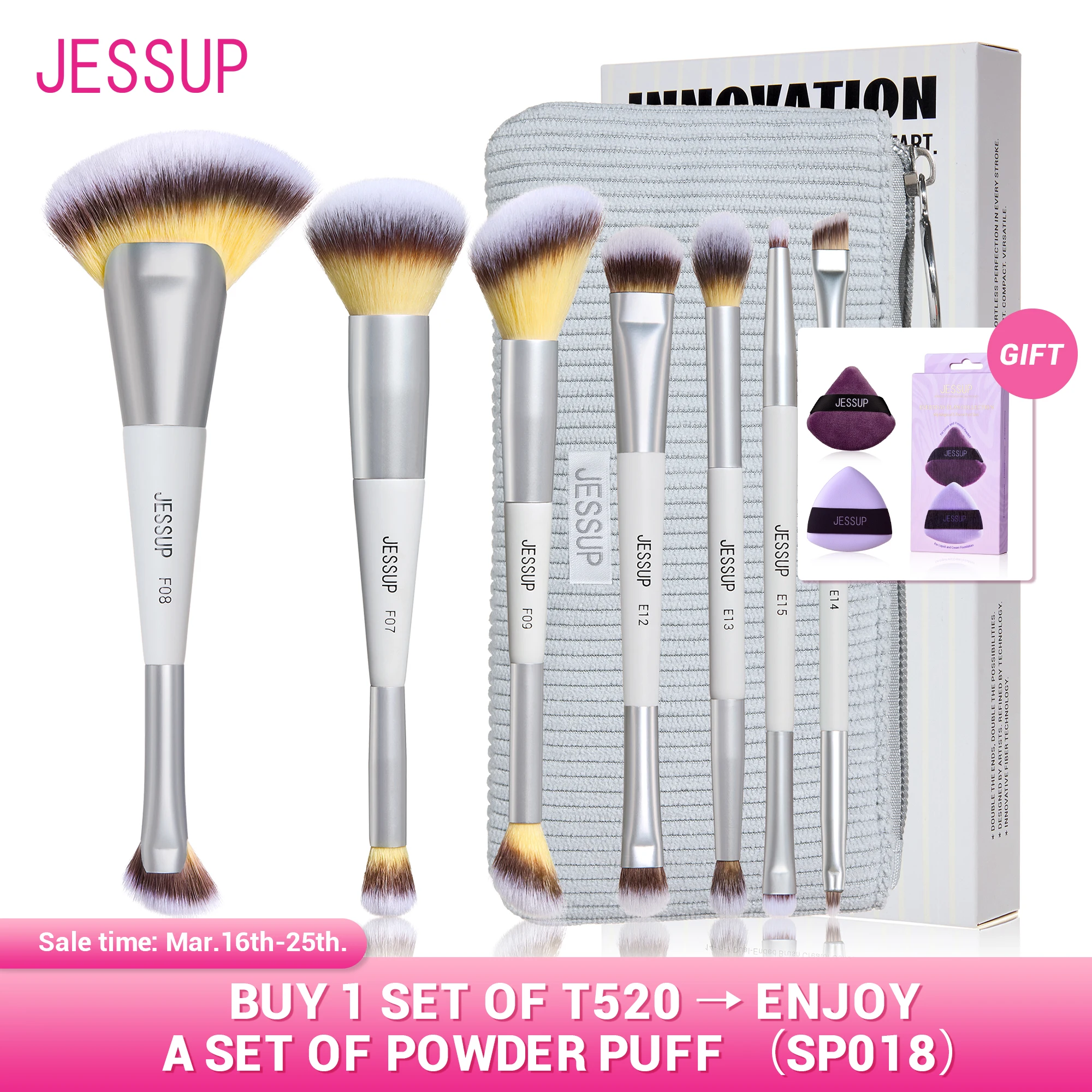 Jessup Makeup Brushes Set 3/7pcs Dual Ended Synthetic Foundation Blush Highlight Blending Eyebrow Brush with Bag,Quiet Gray T520