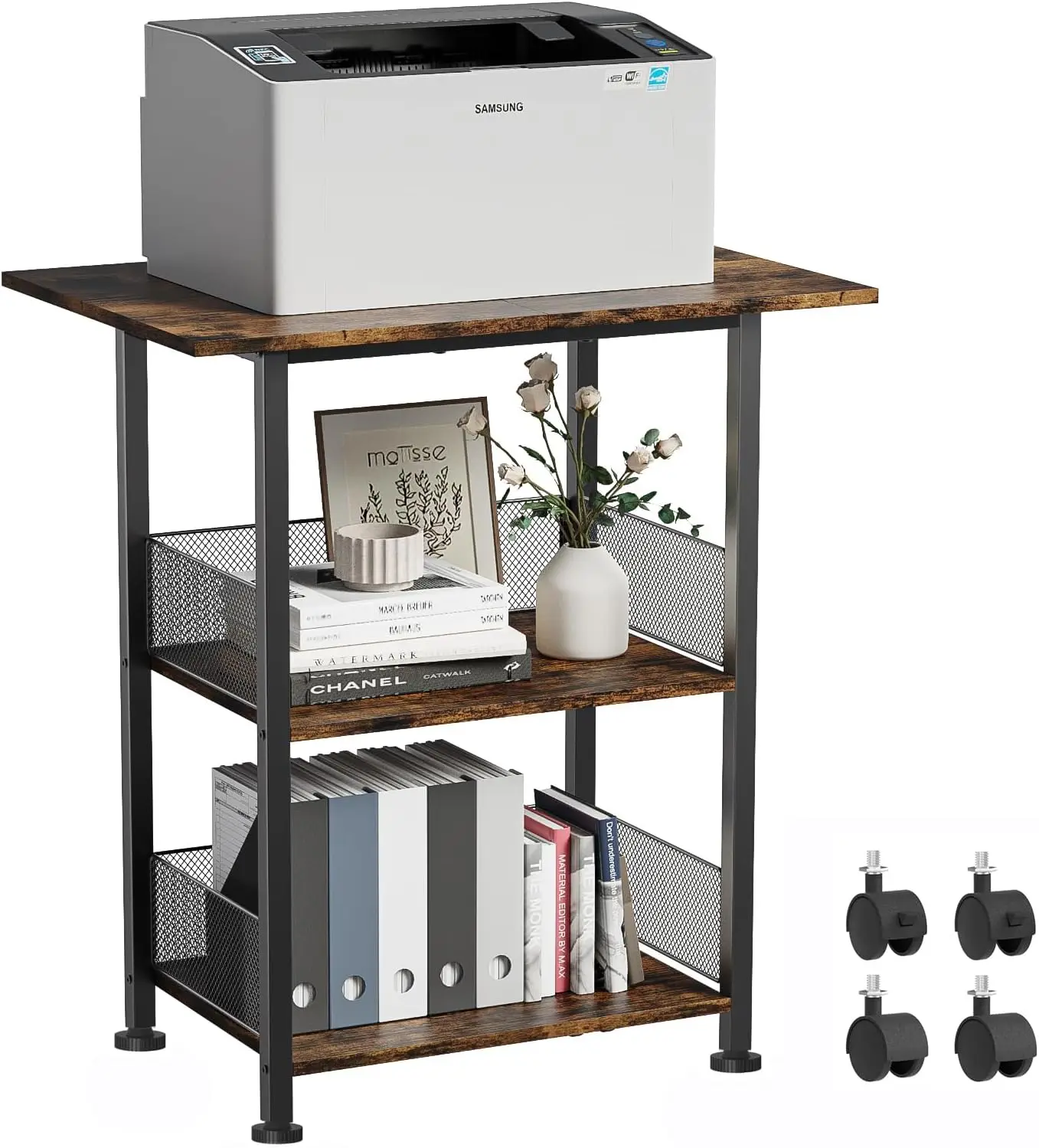 

Heavy Duty Printer Stand on Wheels, 3-Tier Mobile Storage Rack for Office, 23"x15"