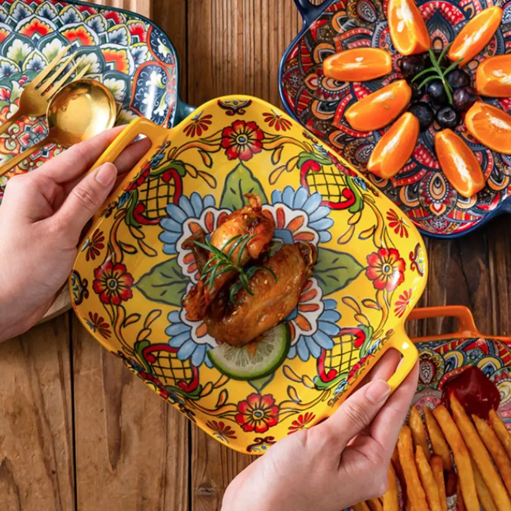 

Tableware Binaural Handle Bohemian Ceramic Plate Square Colorful Salad Dish Retro Fruit Plate Oven