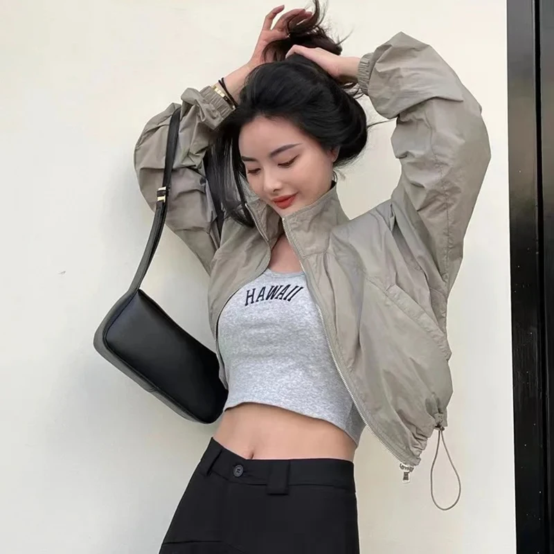 سترات نسائية كلاسيكية واقية من الشمس سترات مقصوصة كبيرة الحجم ملابس خروج بأكمام طويلة