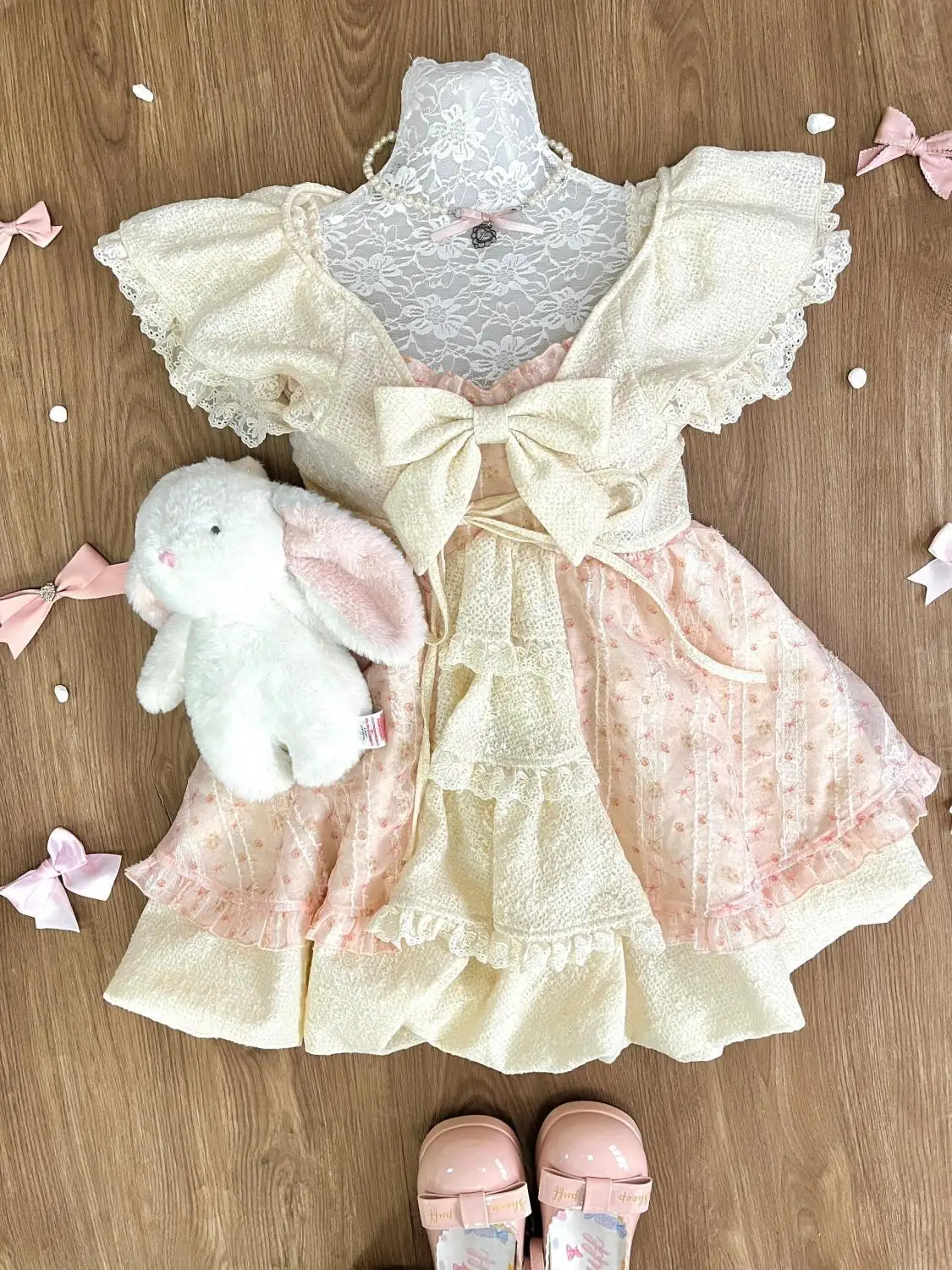 Doce lolita arco vestido de renda feminino manga puff plissado saia em camadas estilo princesa vintage cottagecore fairycore kawaii outfits