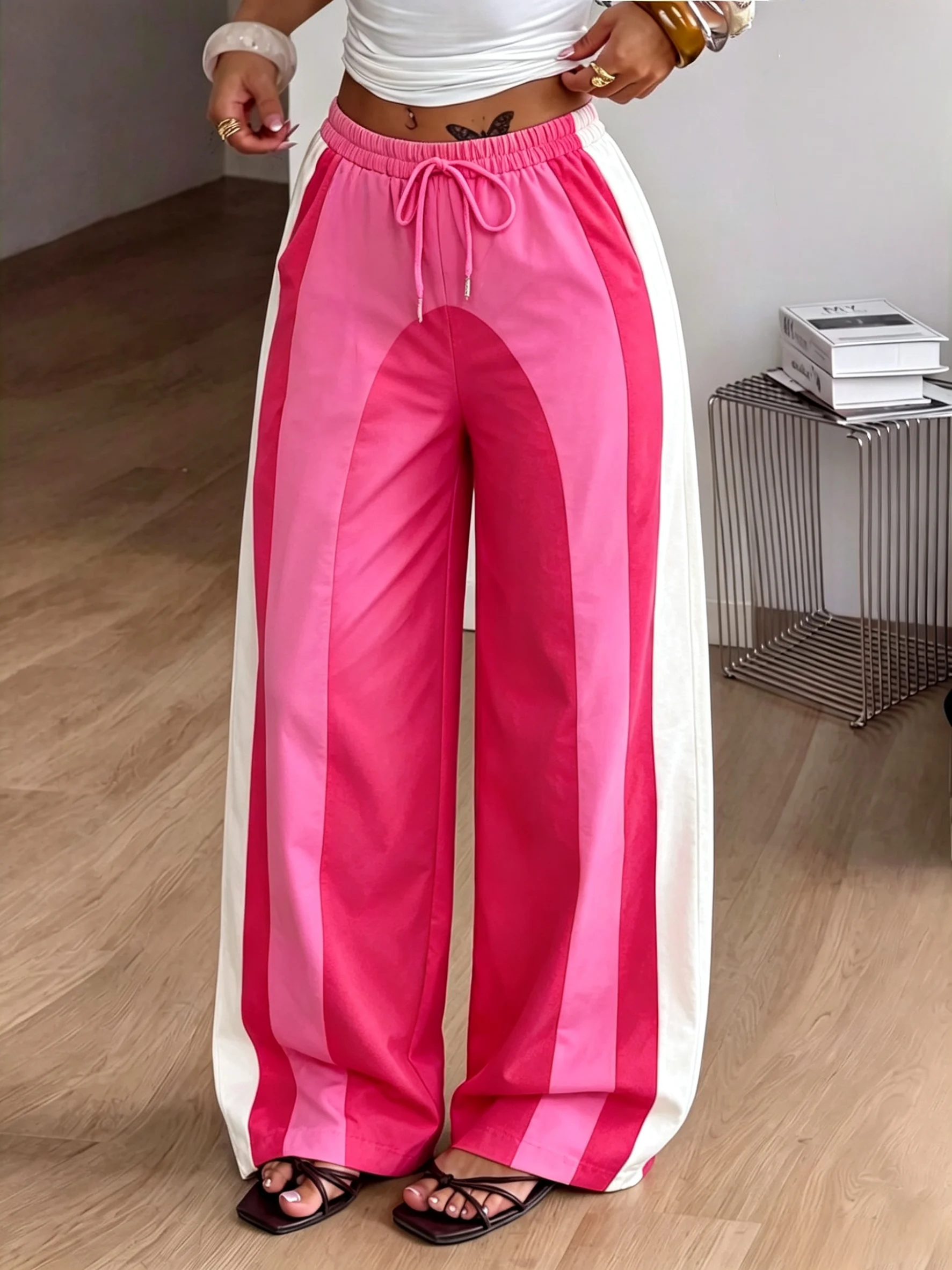 Women's Color Block Wide Leg Pants Casual Elastic Waist Drawstring Side Stripe Trousers Streetwear